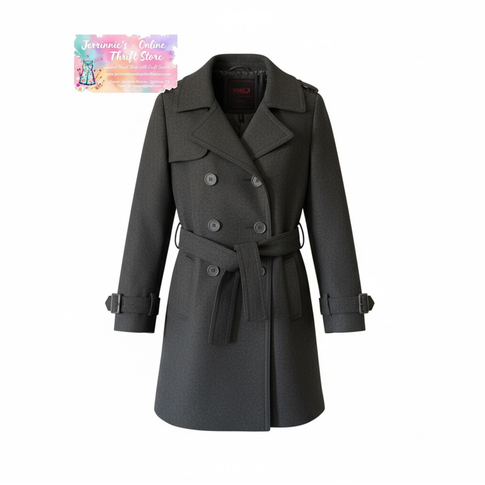 Yokiโ Charcoal Gray Double Breasted Wool Blend Trench Coat Belted Jacket Size M